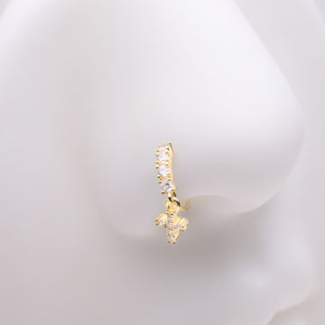 Detail View 1 of Golden Brilliant Cross Sparkle Dangle Multi-Gem Lined Bendable Hoop Ring-Clear Gem